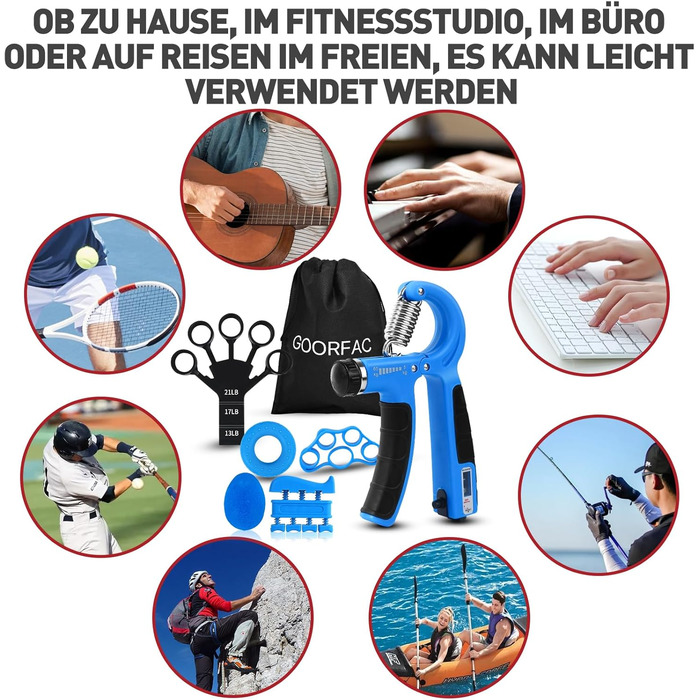Набір для тренування сили рук та пальців GoorFach (6 шт.) - регульований підсилювач хвата, тренажер для фітнесу, синій