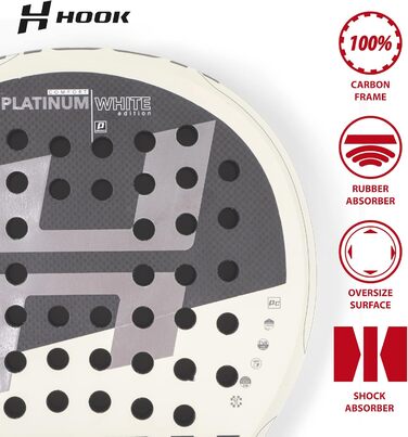 Падель ракетка Hook Platinum White Art для унісекс, 355/365 г, 100% карбон, контроль, EVA, середній баланс, Sand-Touch, кругла