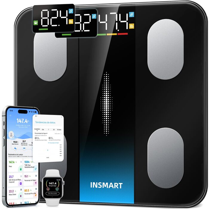 Ваги підлогові Insmart з Bluetooth, аналізатор складу тіла (16 параметрів): вага, BMI, жир, м'язи, вода, чорні