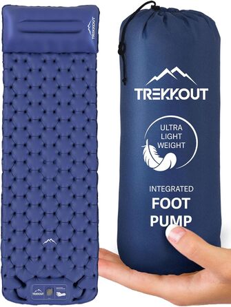 TREKKOUT Ultraleichte Isomatte з подушкою | Легка надувна туристична матрац для кемпінгу, подорожей та відпочинку | З інтегрованою помпою, водонепроникна, для одного спального місця