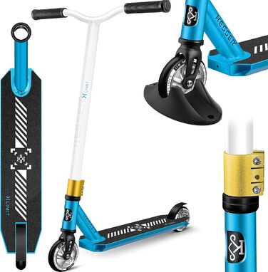 Трюковий самокат KESSER X-Limit-Pro 360° з підніжкою, підшипники ABEC 9, 110 мм PU колеса, для дітей і дорослих, Petrol Blue/White