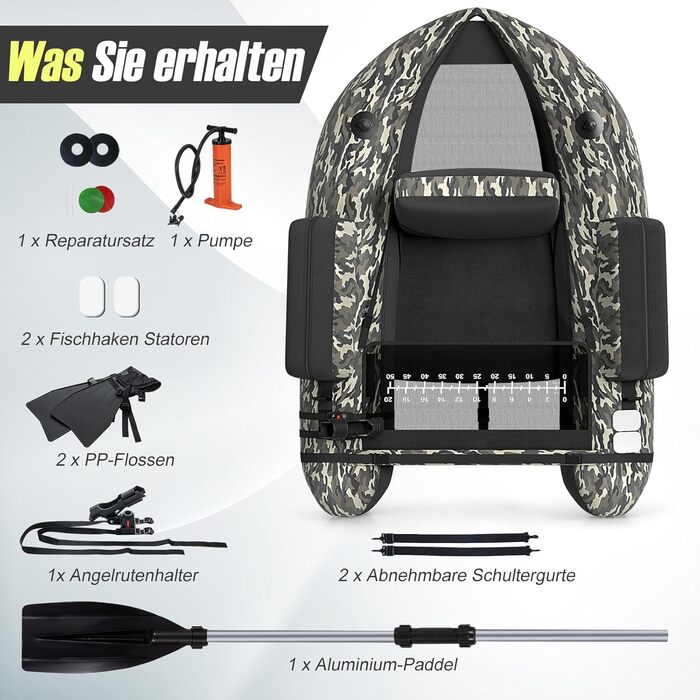 Надувне рибальське човен GYMAX: компактне belly boat з насосом, веслами та регульованими ременями. Міцне, до 150 кг, з лінійкою для риби, камуфляж.