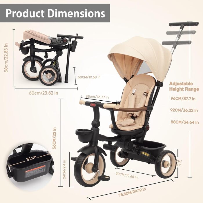 Дитяче тріцикл UBRAVOO 7-в-1: складний, з ліхтарем, гальмом, великим козирком та захисним поручнем. Для дітей від 6 місяців до 5 років (Хакі)