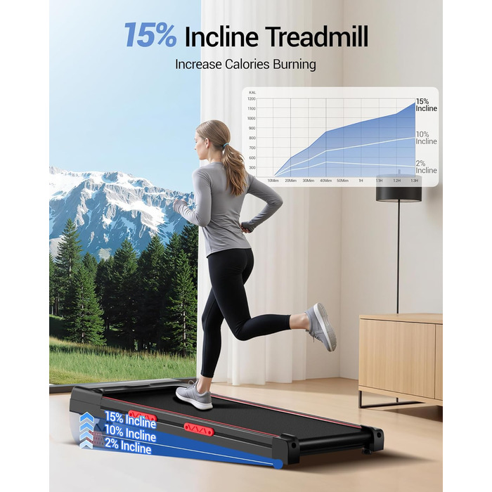 UMAY Walking Pad - біговий килимок для дому з регулюванням нахилу 15% та безшумним мотором, підтримує вагу до 136 кг