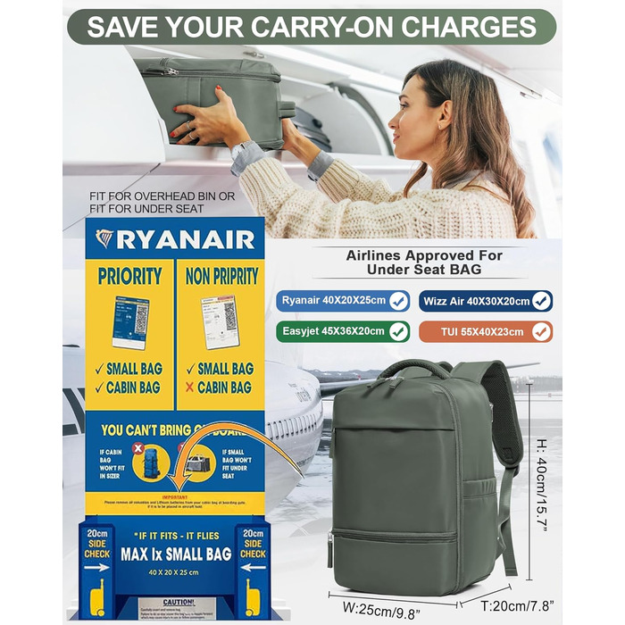 Рюкзак для ручної поклажі 40x20x25 см водонепроникний для Ryanair, EasyJet, авіаперельотів, армійсько-зелений, дорожній, міський, туристичний