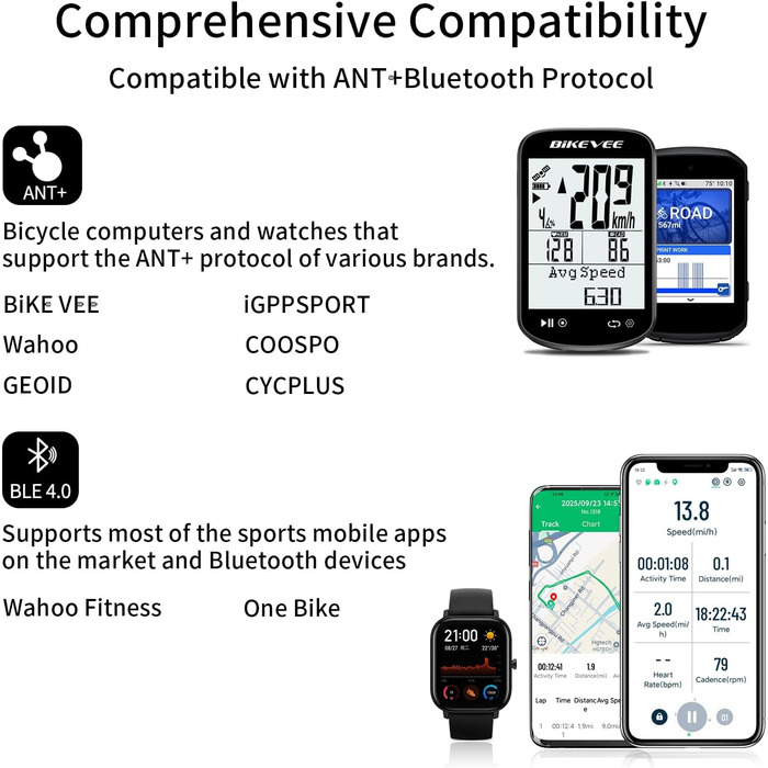 Велокомп'ютер GPS бездротовий з датчиком каденсу ANT+ Bluetooth, водонепроникний IPX7, 50 годин автономії, для дітей та дорослих