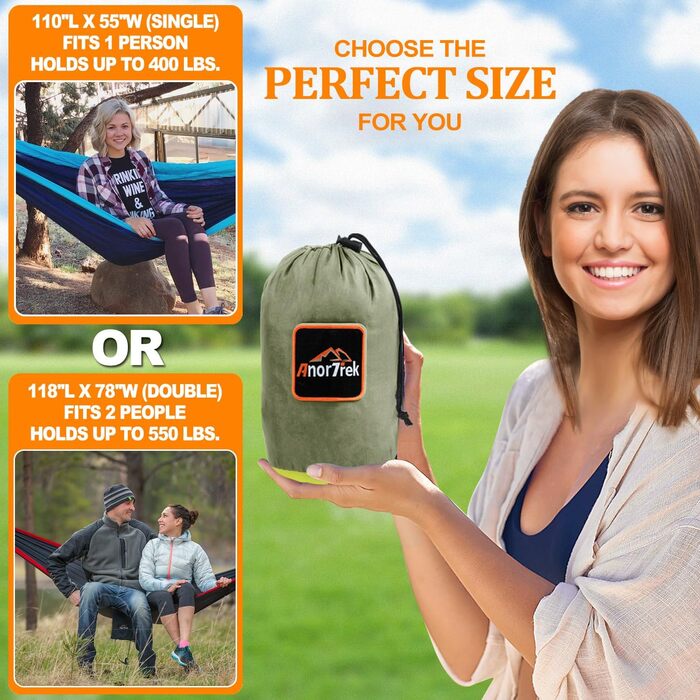 Гамак Anortrek Outdoor для відпочинку на природі, 280x140 см, місткість до 249 кг, ультралегкий, з ременями для дерев, дихаючий нейлон, для кемпінгу, подорожей, туризму, саду, армійний зелений/жовтий