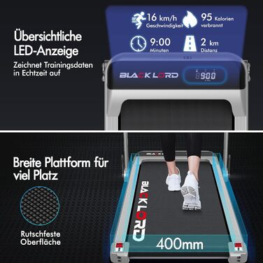 Електрична бігова доріжка BLACK LORD MS2H з нахилом 9%, 3.2 к.с., Walking Pad 4-в-1 для дому та офісу, 12 програм, вбудований динамік, до 140 кг, срібляста (з поручнем)