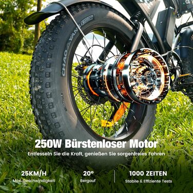 Електровелосипед Finbike з універсальними 20x4.0 дюймовими широкими шинами, знімним акумулятором 10.4Ah, 4 режимами їзди, запасом ходу до 100 км, для чоловіків і жінок
