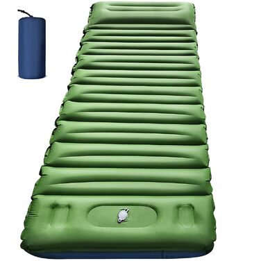 Надувний килимок для кемпінгу з інтегрованою помпою та подушкою, компактний, для туризму та подорожей (зелений+синій)