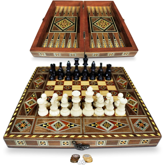 Дерев'яна настільна гра 3 в 1 Backgammon, шахи, дама 30x30 см, ручна робота, інтарсія, комплект із фігурами та фішками