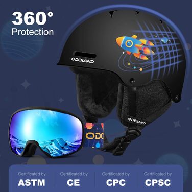 Дитячий гірськолижний шолом та маска Odoland, гірськолижний шолом для хлопчиків та дівчаток, регульований, чорний, з дизайном ракети (54-56 см)