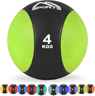 MSPORTS Медичний м'яч 4 кг, професійний, зелений, для фітнесу та реабілітації, з постером вправ