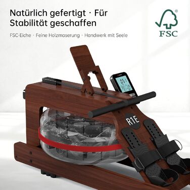 Гребний тренажер R1E з дуба, 28L резервуар для води, 12-лопатеве весло, Bluetooth & LCD-дисплей, сумісний з Kinomap APP, підставка для планшета, тихий та компактний велотренажер до 150 кг