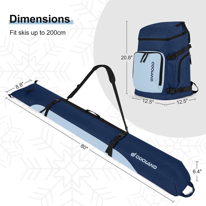 Чохол для лиж Odoland Skitasche Set: комплект для лиж та взуття, водонепроникний, до 200 см, для чоловіків та жінок