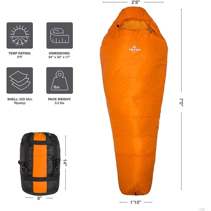 Спальний мішок TETON Sports Altos Ultralight Мумія, помаранчевий - легкий та компактний для кемпінгу