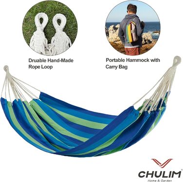Гамак подвійний бразильський Chulim для двох осіб, смугастий (блакитно-зелений), з ременями для кріплення, вантажопідйомність 204 кг - для саду, тераси, дому