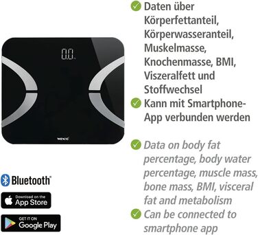 WENKO Ваги-аналізатор тіла з Bluetooth, чорні, скло, вимірювання жиру, води, м'язів, кісткової маси, ІМТ, вісцерального жиру, обміну речовин, LED-дисплей