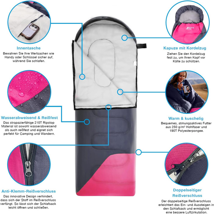 Сплячий мішок Active Era Premium Mumienschlafsack 250 GSM, зимовий та літній, 0°C - 15°C, для кемпінгу, фестивалів, подорожей, водонепроникний, ультралегкий, компактний (Рожевий)