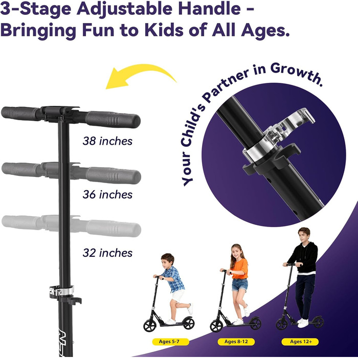 Kick Scooter Nattork з регульованим кермом та амортизатором - для підлітків та дорослих, 220lb, Navy Blue