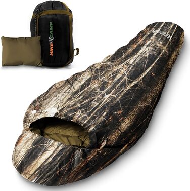 Спальний мішок SereneLife Mumienschlaф – легкий, теплий та водонепроникний для зими та холодних умов, ізоляція від -15 до 12 °C, гладкий блискавчик, компактний компресійний мішок, подушка для подорожей, для кемпінгу та відпочинку на природі (Real Tree)
