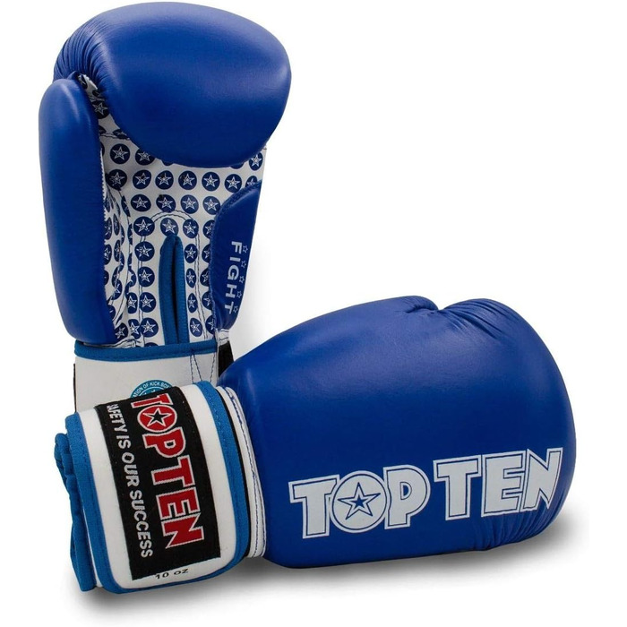 Боксерські рукавички TOP Ten Fight 10 Oz синьо-білі для кікбоксингу, тренувань, шкіряні, професійні
