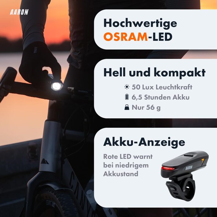 Велосипедні ліхтарі AARON 50 LUX: комплект для міських поїздок та електровелосипедів, сертифіковано StVZO, USB-зарядка, водонепроникні. Комплект освітлення для велосипеда (передній + задній)