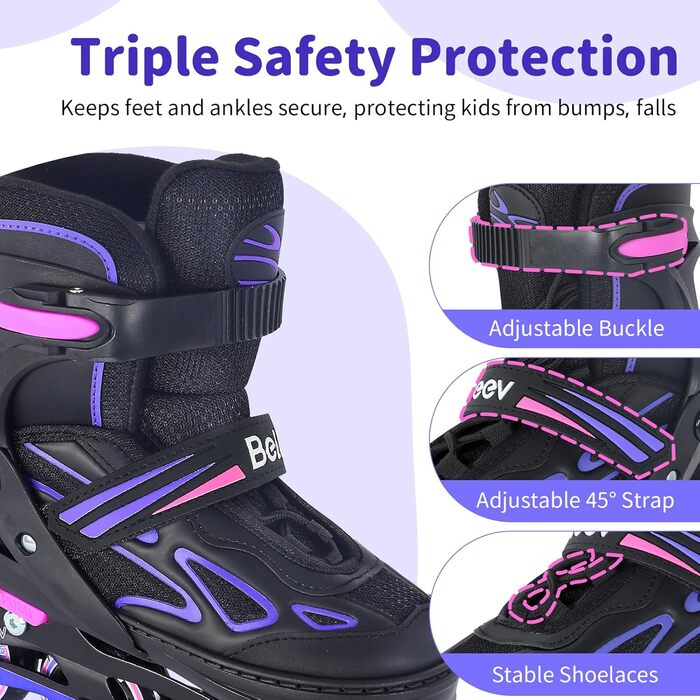 Інлайни BELEEV для дітей, підлітків та дорослих, ролики з регульованим розміром, світлодіодні шнурки та колеса, фіолетовий (EU 38-41)