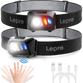 LED налобний ліхтар Lepro з USB-зарядкою, 800L, з датчиком жестів та червоним світлом, 5 режимів, водонепроникний, для бігу, риболовлі, кемпінгу (2 шт.)