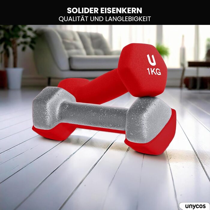 Гантелі неопренові Unycos 2 шт. 1-10 кг, шісткутні, антиковзаючі для фітнесу, силових тренувань, пілатесу та дому (#13 Червоний, 2 x 1 кг)