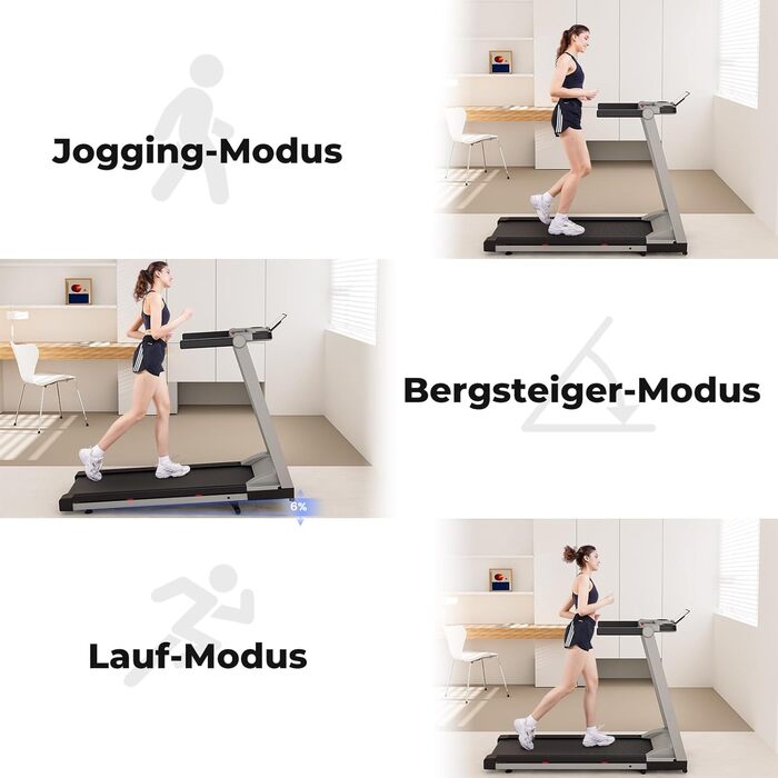 Біговий тренажер DeerRun для дому, Walking Pad з нахилом 6% та поверхнею для бігу 42 x 112 см, складаний з AI тренером та грою Multi-Runner (срібний)