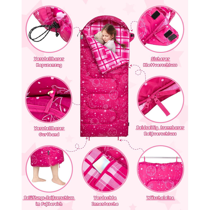 Спальний мішок KingCamp для дітей, фланелевий, легкий, водонепроникний, компактний, зимовий, 4 сезони, для кемпінгу, підходить для дітей до 140 см, комфортна температура: 7°C, рожевий, регульована довжина