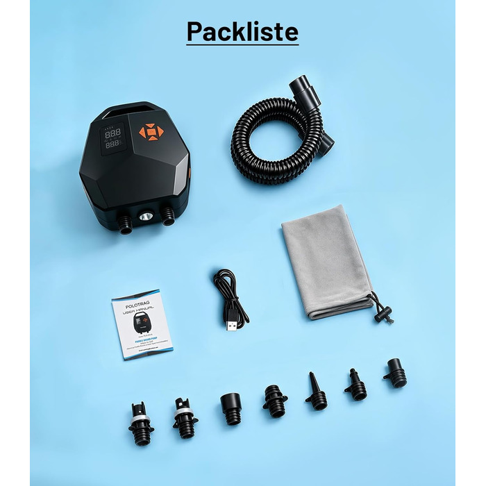 Електричний насос для SUP дошки з акумулятором 20PSI, Hochdruck, з автовимкненням та Type-C зарядкою
