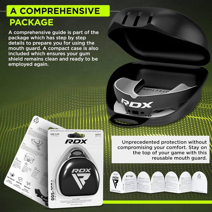 Захист для зубів RDX для бойових видів спорту: MMA, кікбоксинг, хокей, футбол, муай-тай, регбі. Зручна коробка для зберігання. Підходить для дорослих та юніорів (від 12 років).