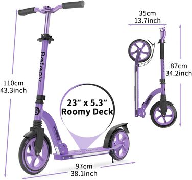 Дитячий самокат Beeliv Roller Kinder з великим колесом 230 мм, LED-підсвітка, регульована висота, ремінь, складаний, для дітей, підлітків, дорослих (фіолетовий)
