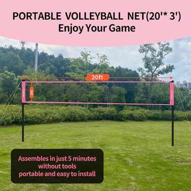 Набір для волейболу на відкритому повітрі: портативна сітка, м'яч PU, насос, сумка та міцна сітка (20 футів, рожевий)
