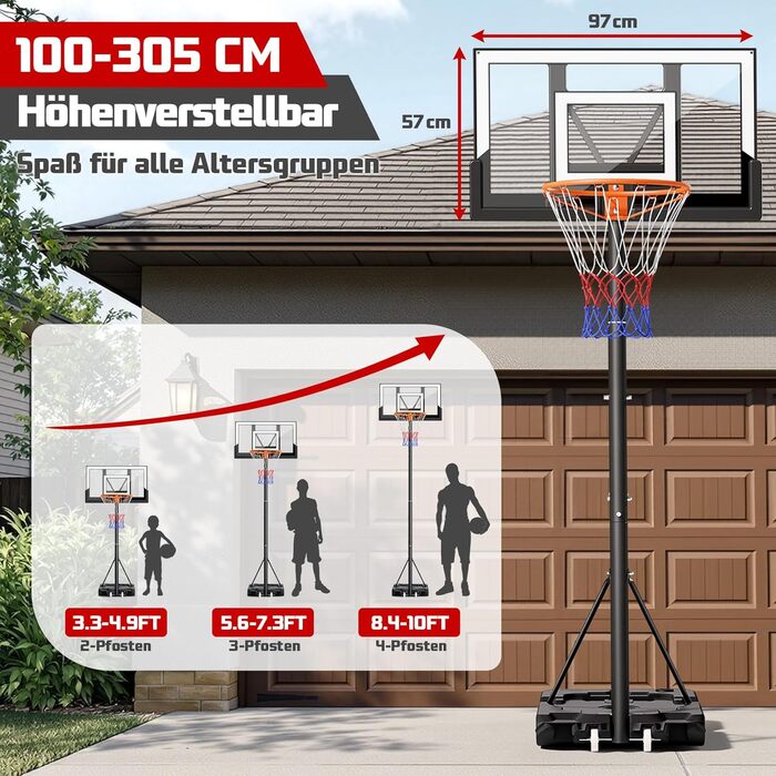 Баскетбольне кільце вуличне з підставкою, регульована висота 100-305 см, міцна задня дошка, сітка для дітей та дорослих