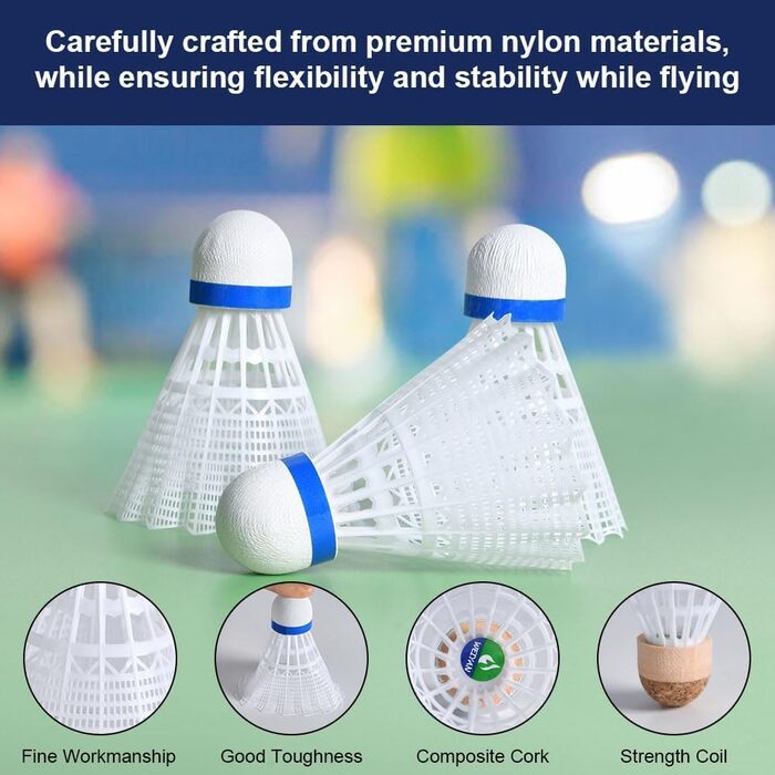 Флінтронік Бадмінтонні м'ячі, 6/12 шт. Нейлонові воланчики для бадмінтону, висока стабільність та довговічність, професійні воланчики для тренувань в приміщенні та на вулиці, відпочинок, спорт. 12 шт. Білі