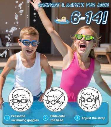 Дитячі окуляри для плавання Schwimmbrille: з UV-захистом та антифогом, водонепроникні, для хлопчиків та дівчаток 6-14 років (Чорно-сині + Зелені)