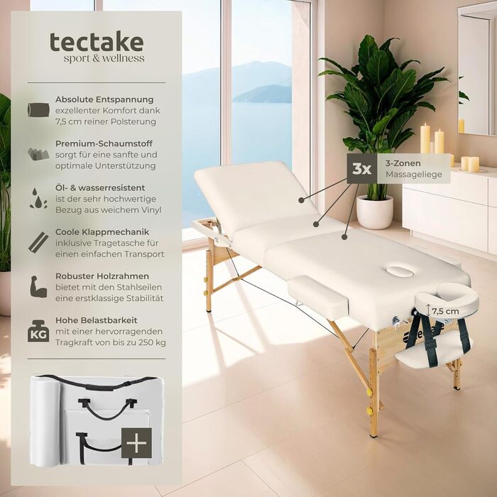 Складаний масажний стіл tectake, 3 зони, 7,5 см м'яка оббивка, регульована висота, мобільна масажна кушетка з дерев'яними ніжками, підголівником, підлокітниками та чохлом, бежевий