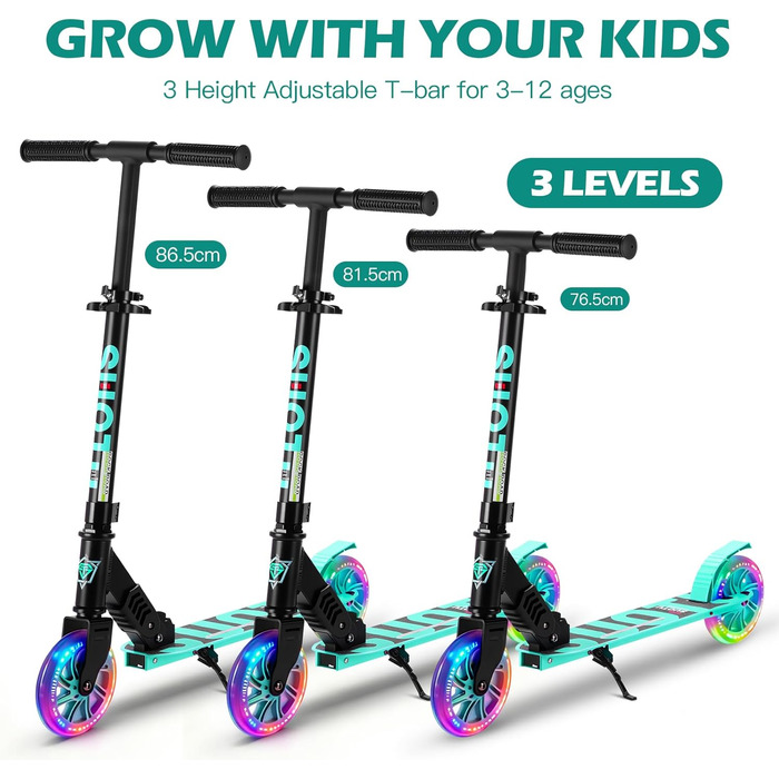 Самокат дитячий SUOTU з колесами 145 мм, до 100 кг, світлодіоди, складаний, регульована висота, для хлопчиків та дівчаток, алюмінієвий (Чорно-синій)