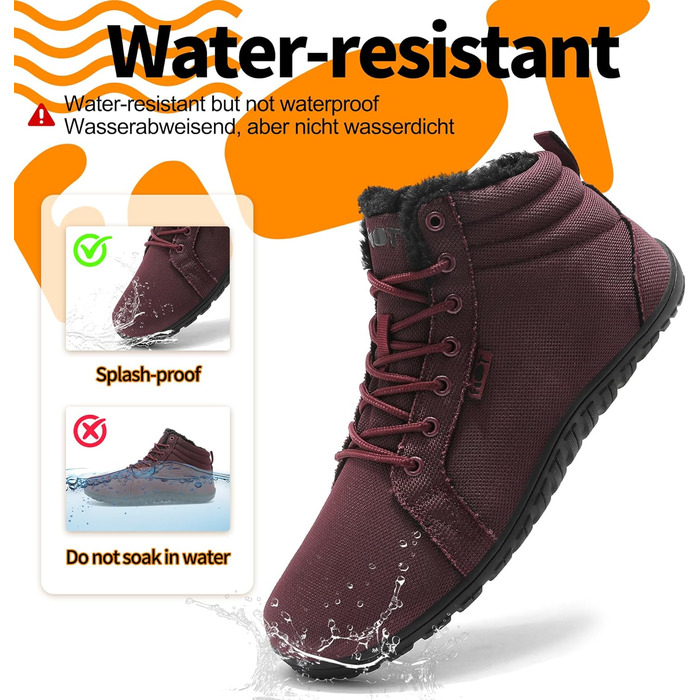 Водонепроникні черевики-сліпони для ходьби Barfußschuhe: жіночі та чоловічі, широкі, теплий підкладка, Zero Drop, антиковзаючі, 38 EU, бордовий