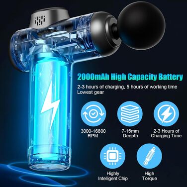 Міні-масажер AQXONG: портативний електричний масажний пістолет з LCD-дисплеєм, 99 швидкостей, 8 насадок, тиха робота 35dB, акумуляторний