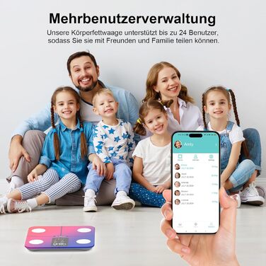Вага для вимірювання жиру в тілі, персональна вага з аналізом жиру та м'язової маси, 15 показників, цифрова вага з великим дисплеєм та підключенням до додатку