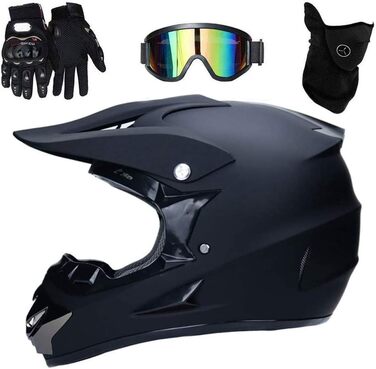 Унісекс Мотокрос Шолом на Все Обличчя з Очками, Рукавичками, Маскою, для Юніорів та Дітей, Ендуро, Оф-роуд, Мотоцикл, MTB, ATV, BMX, Quad, Dirt Bike, Сертифікований D.O.T (L/56-57CM, Чорний)