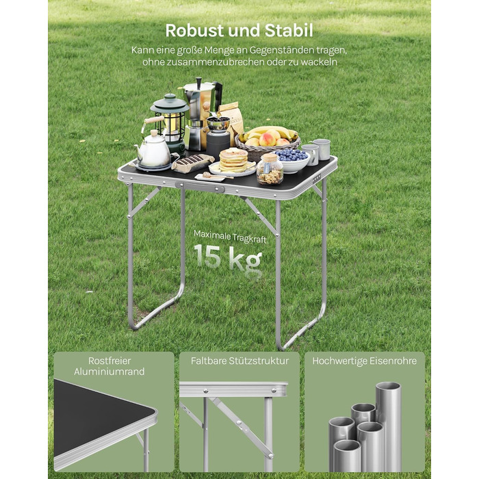 Стіл туристичний складний Woltu 70x50x60 см, алюміній та MDF, для пікніка та відпочинку на природі, чорний