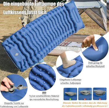 Надувна туристична матрац Holwim Isomatte з самонадуваванням, з подушкою та насосом, блакитна