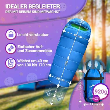 Дитячий спальний мішок Alpenwert® для літа – росте разом з дитиною! [130–170 см] – Вага 920 г, компактний [32×19 см] – Ідеально для кемпінгу, фестивалів, відпочинку на природі – Спальний мішок-кокон від 6 років (блакитний/неоновий жовтий)