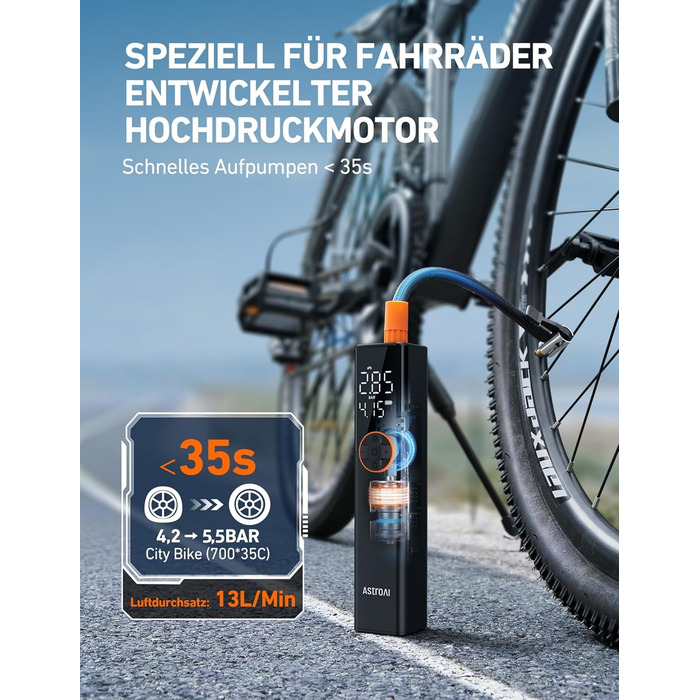 AstroAI Електрична велосипедна помпа, 150 PSI, портативна, акумуляторна, універсальна, для всіх типів велосипедів, з високопродукним мотором, перезаряджається, для міських, шосейних та гірських велосипедів, помаранчевого кольору