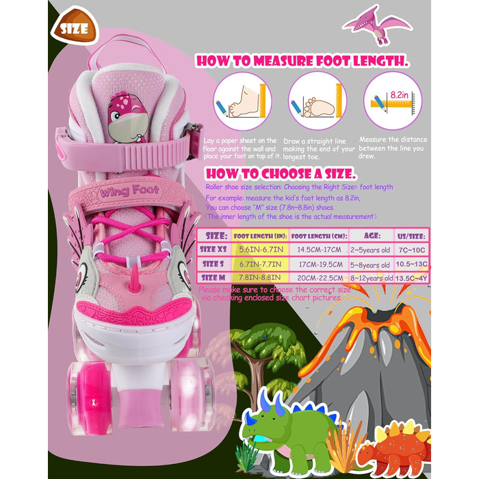 Ролики дитячі Kinder Dinosaurier з підсвічуванням, розмір регулюється, рожеві
